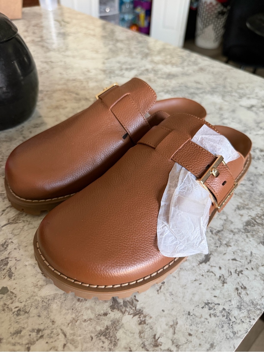 Michael Kors Brown Leather Buckle Clog Mules